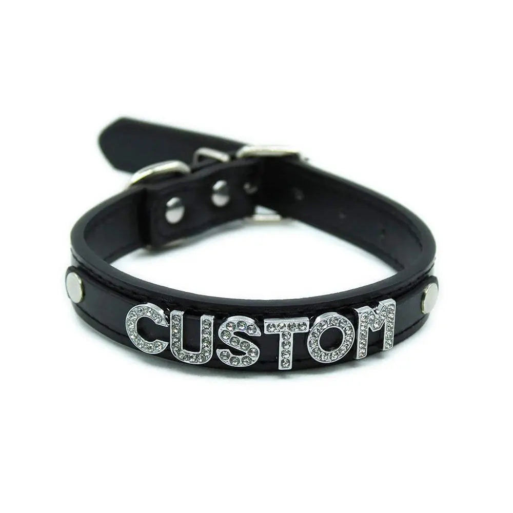 Leather Choker Customized Letters Sexy Rhinestone Bdsm Cosplay - Love Lingerie