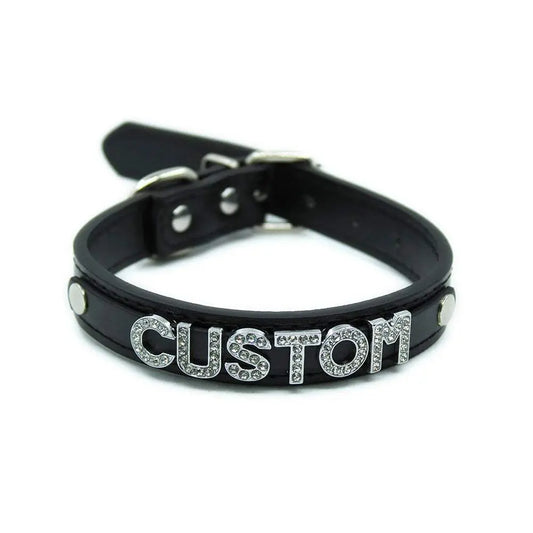 Leather Choker Customized Letters Sexy Rhinestone Bdsm Cosplay - Love Lingerie