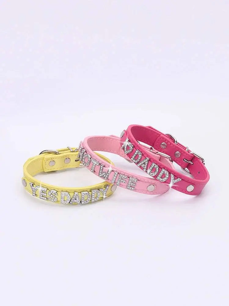 Leather Choker Customized Letters Sexy Rhinestone Bdsm Cosplay - Love Lingerie