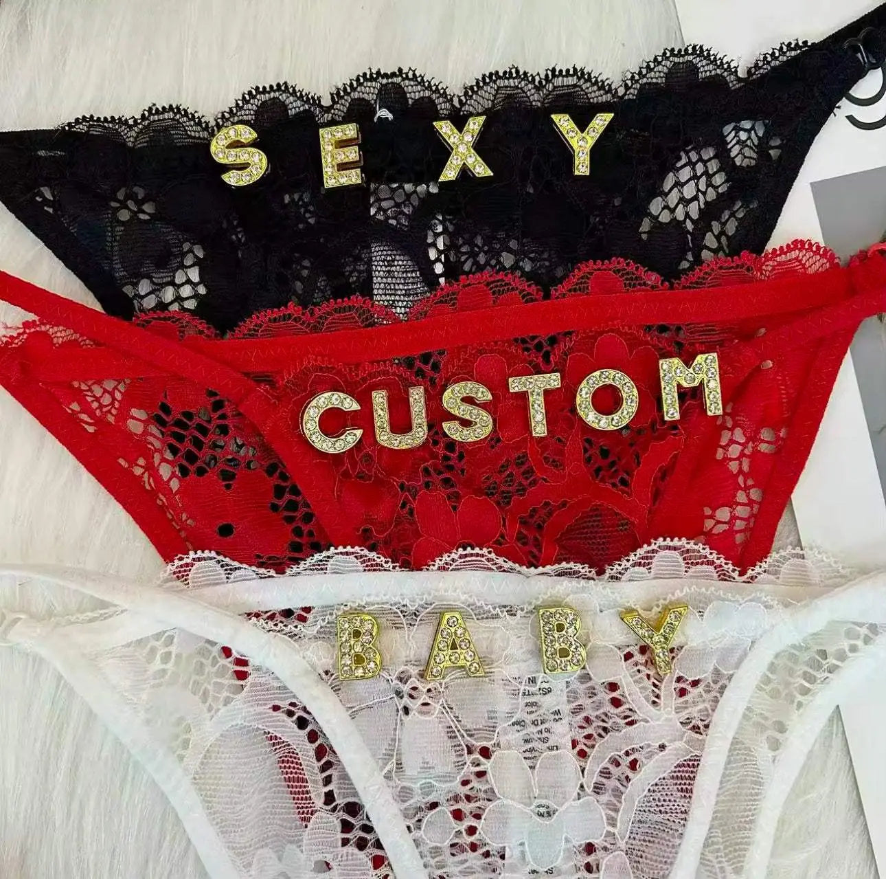 Sexy Custom Name String Thongs For Women Personalized Flower Design with Rhinestone Letters - Love Lingerie