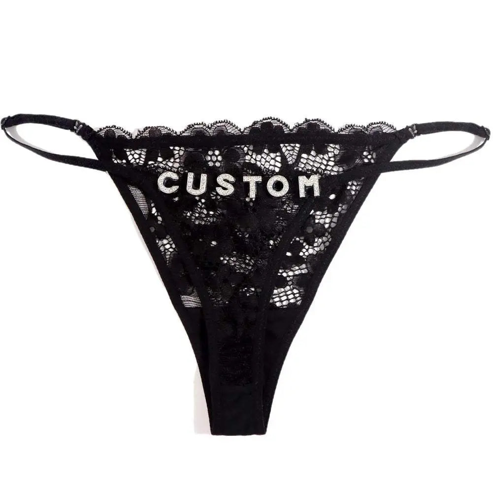 Sexy Custom Name String Thongs For Women Personalized Flower Design with Rhinestone Letters - Love Lingerie