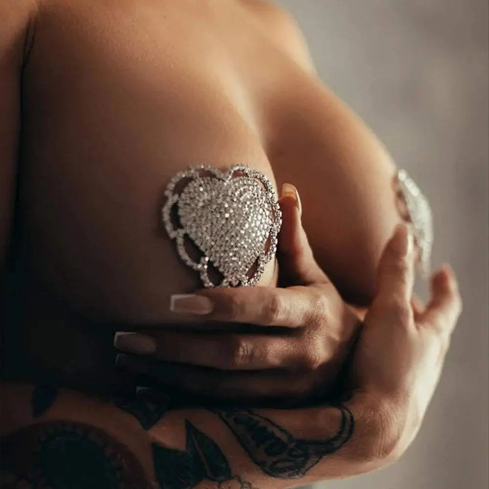 Women Rhinestone Heart Nipple Stickers Cover- Rhinestone Pasties - Love Lingerie